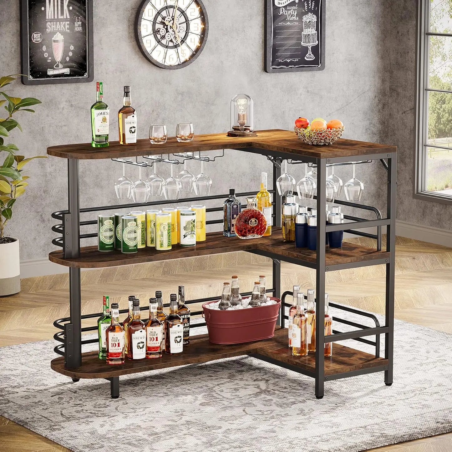 L Shaped Home Bar Unit With 3 Tier Liquor Table And Storage