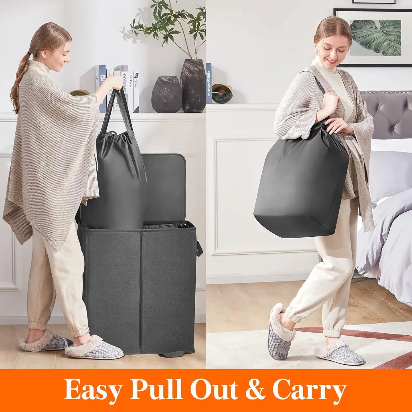 Large Collapsible Double Laundry Hamper with Lid and Handle