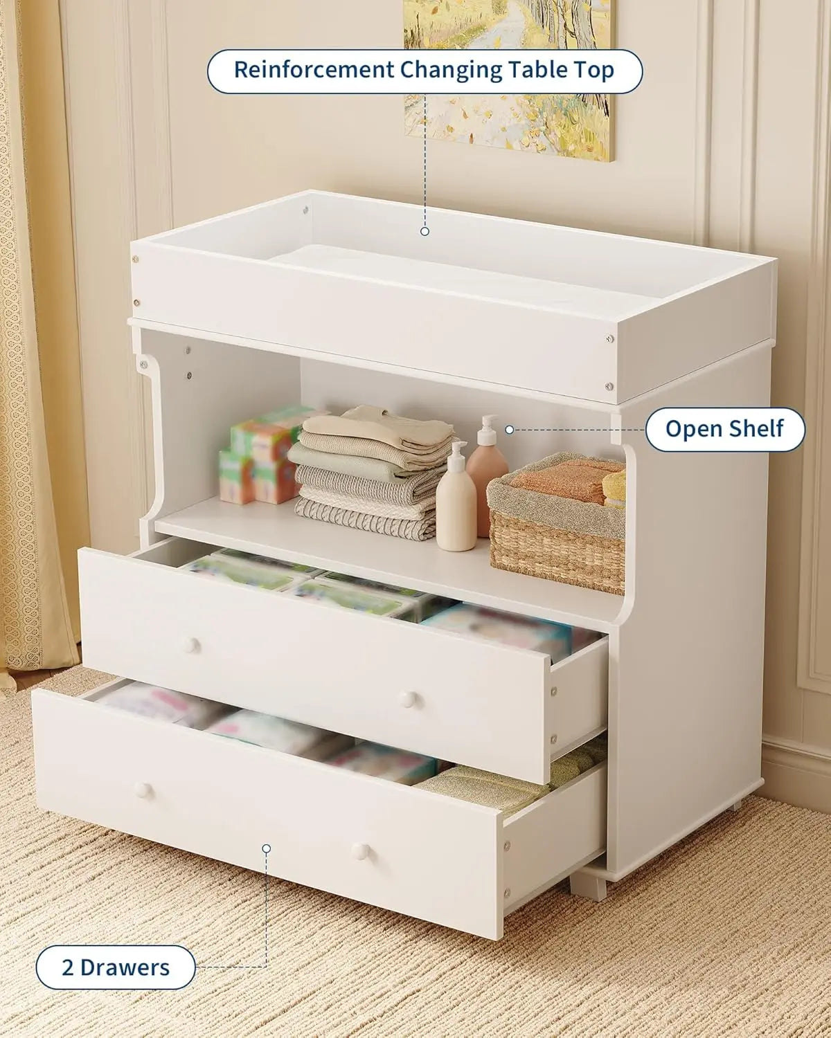 Baby Changing Table Dresser With 2 Drawers And Open Storage