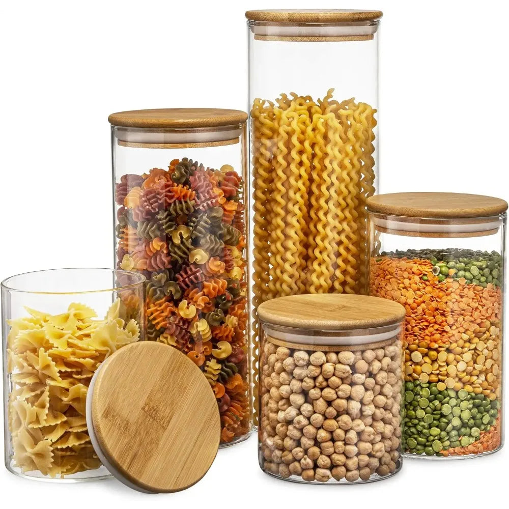 Set Of 5 Glass Kitchen Canisters With Airtight Bamboo Lids