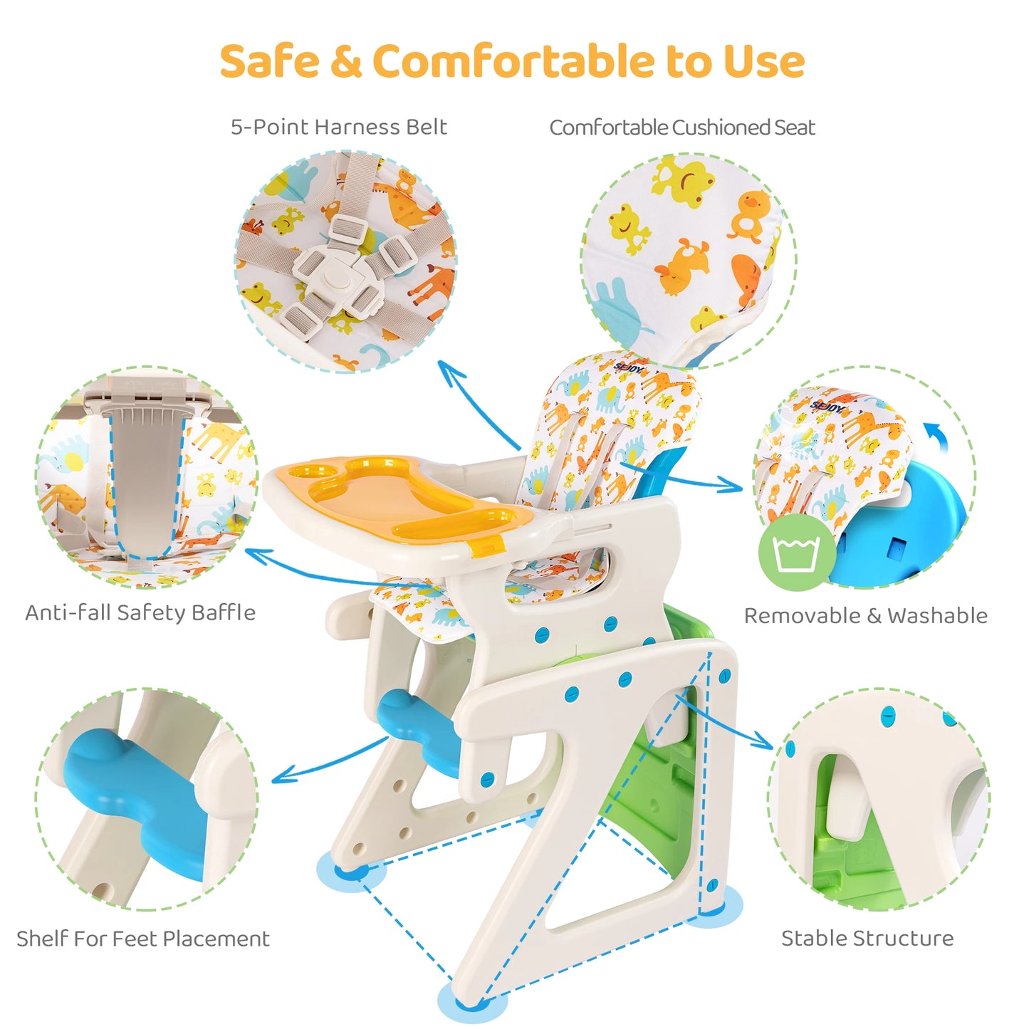 Sejoy 2 In 1 Baby High Chair Foldable With Detachable Tray
