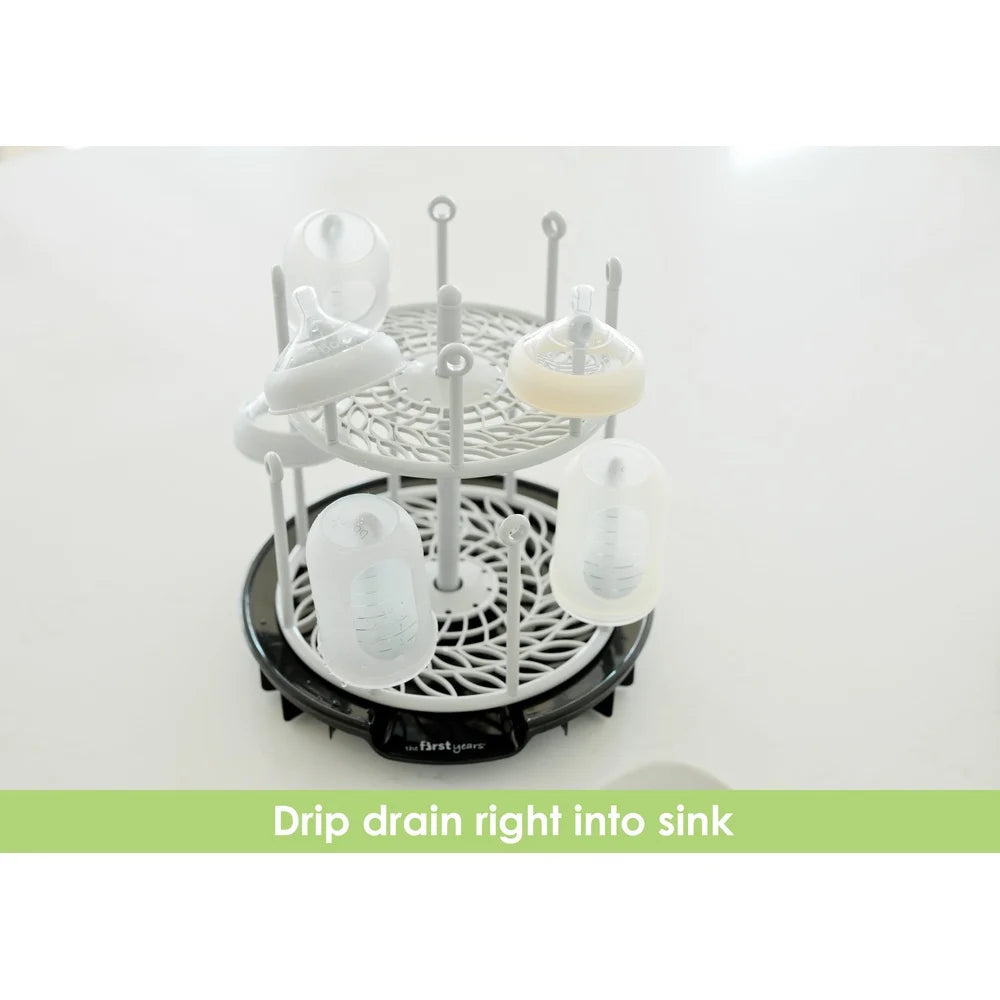 Two Tier Spin Stack Baby Bottle Drying Rack Countertop Space Saving Rotating Design Essential Organizer with Drip Tray