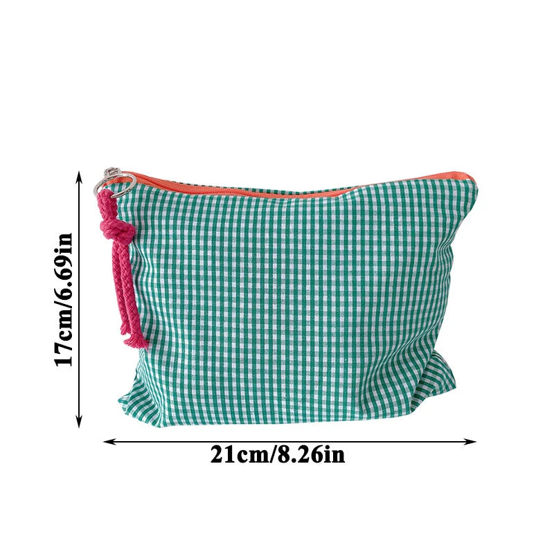 Plaid Makeup Bag Women Cotton Linen Cosmetic Zipper Pouch