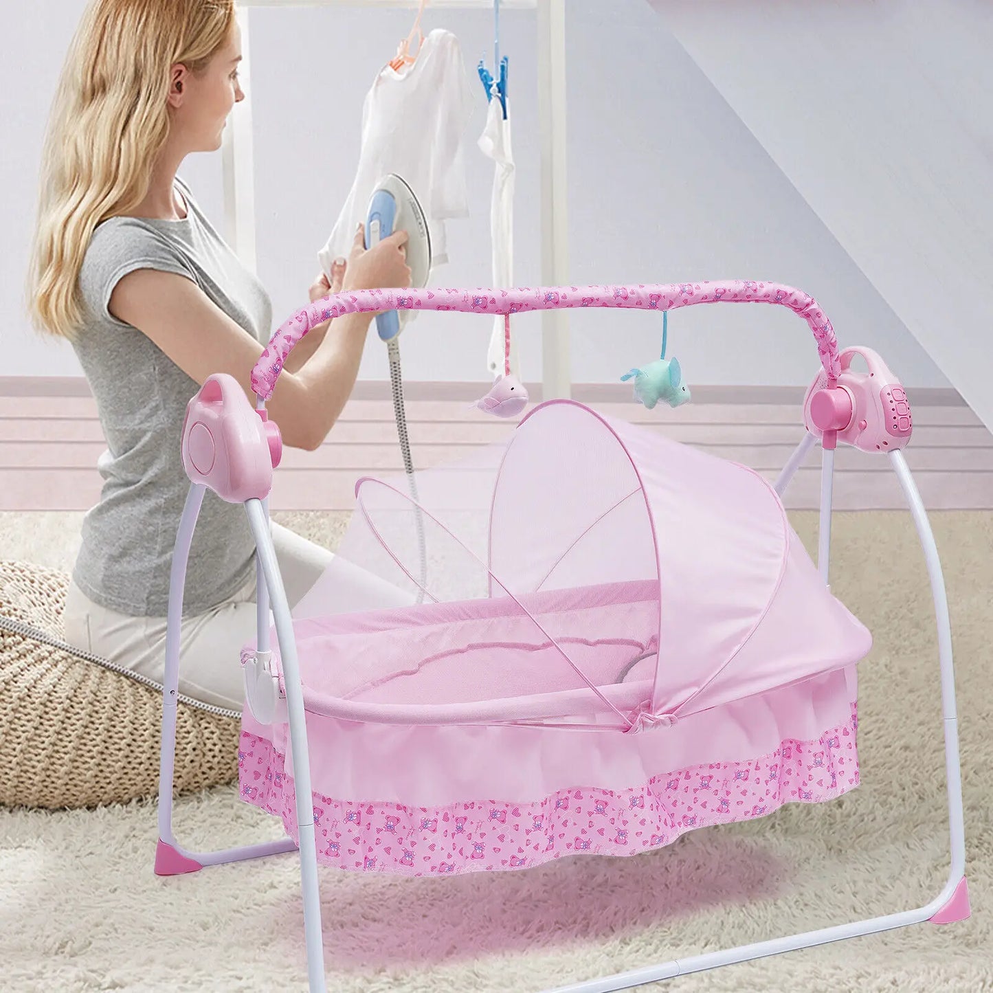 Electric Baby Crib Cradle Auto Swing Bassinet Bluetooth