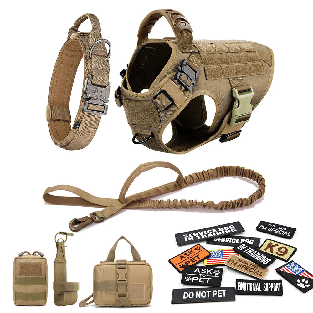 Military Large Dog Harness Collar Leash Bags Patches Set Tactical Training Vest for Malinois and Other Breeds