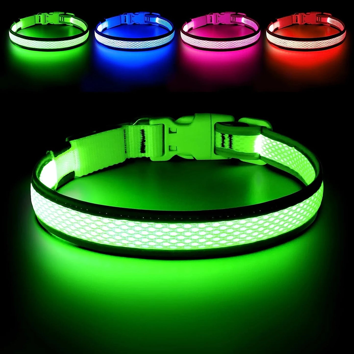 Comfortable Neon Green LED Dog Collar Lights for Small Medium Large Dogs USB Rechargeable Adjustable Soft Mesh