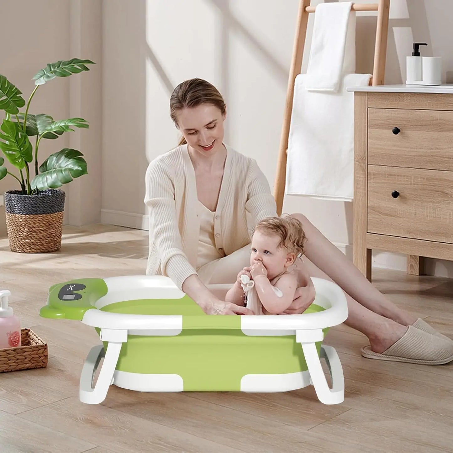 Foldable Baby Bathtub with Thermometer and Floating Cushion for Infants and Toddlers 0 to 36 Months
