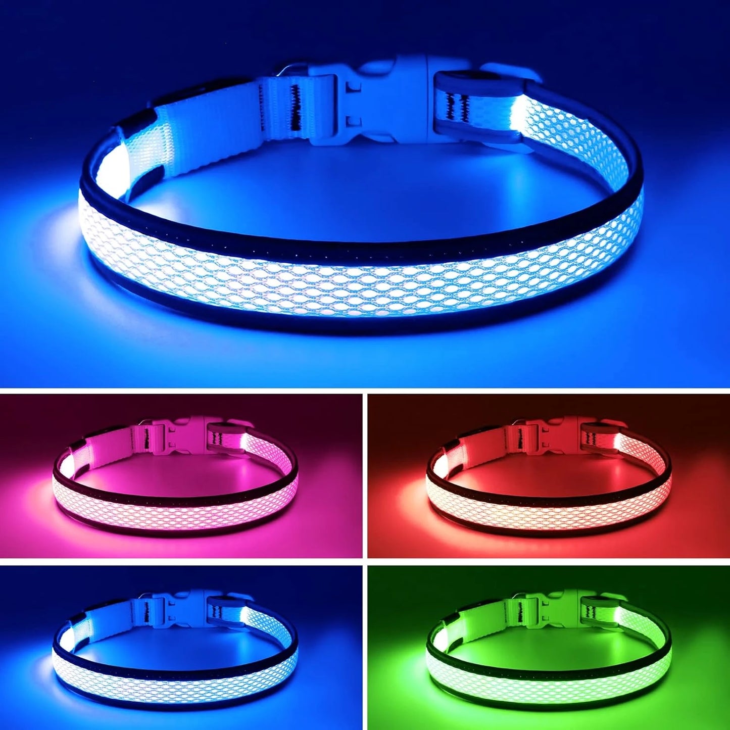Comfortable Neon Green LED Dog Collar Lights for Small Medium Large Dogs USB Rechargeable Adjustable Soft Mesh