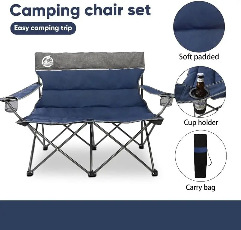 Chair Set of 3,Folding Padded Camp Chair,Collapsible Conversation Set w/1 Sofa,2 Single Chairs for Family Patio,Beach (Blue)