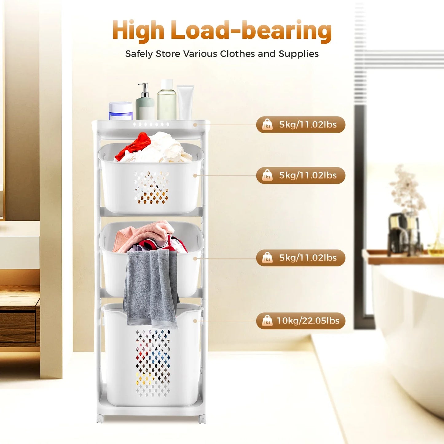 3 Tier Laundry Basket 360 Degree Rolling Wheels 25Kg Load