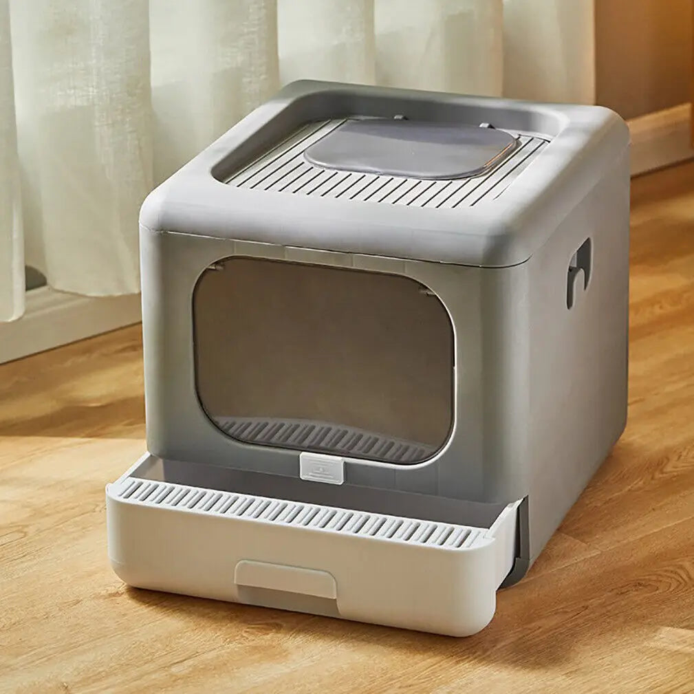 Cat Litter Box With Scoop And Tray Sifting Enclosed Foldable Kitten Toilet Detachable Poop Top Front Entry Pet Supplies