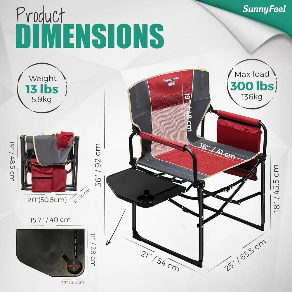 Camping Directors Chair, Heavy Duty,Oversized Portable Folding Chair with Side Table, Pocket for Beach, Fishing,Trip,Picnic,Law
