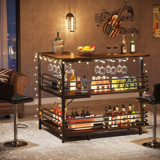 L Shaped Home Bar Unit With 3 Tier Liquor Table And Storage