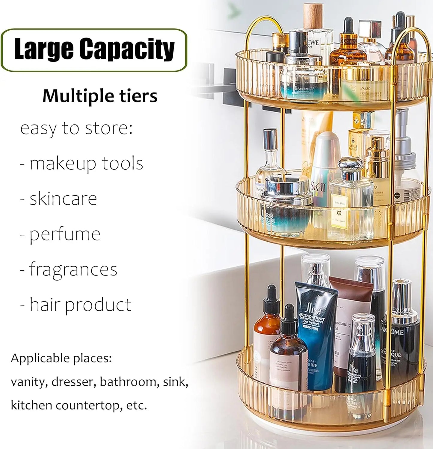 Rotating Makeup Organizer Three Tier Vanity Storage