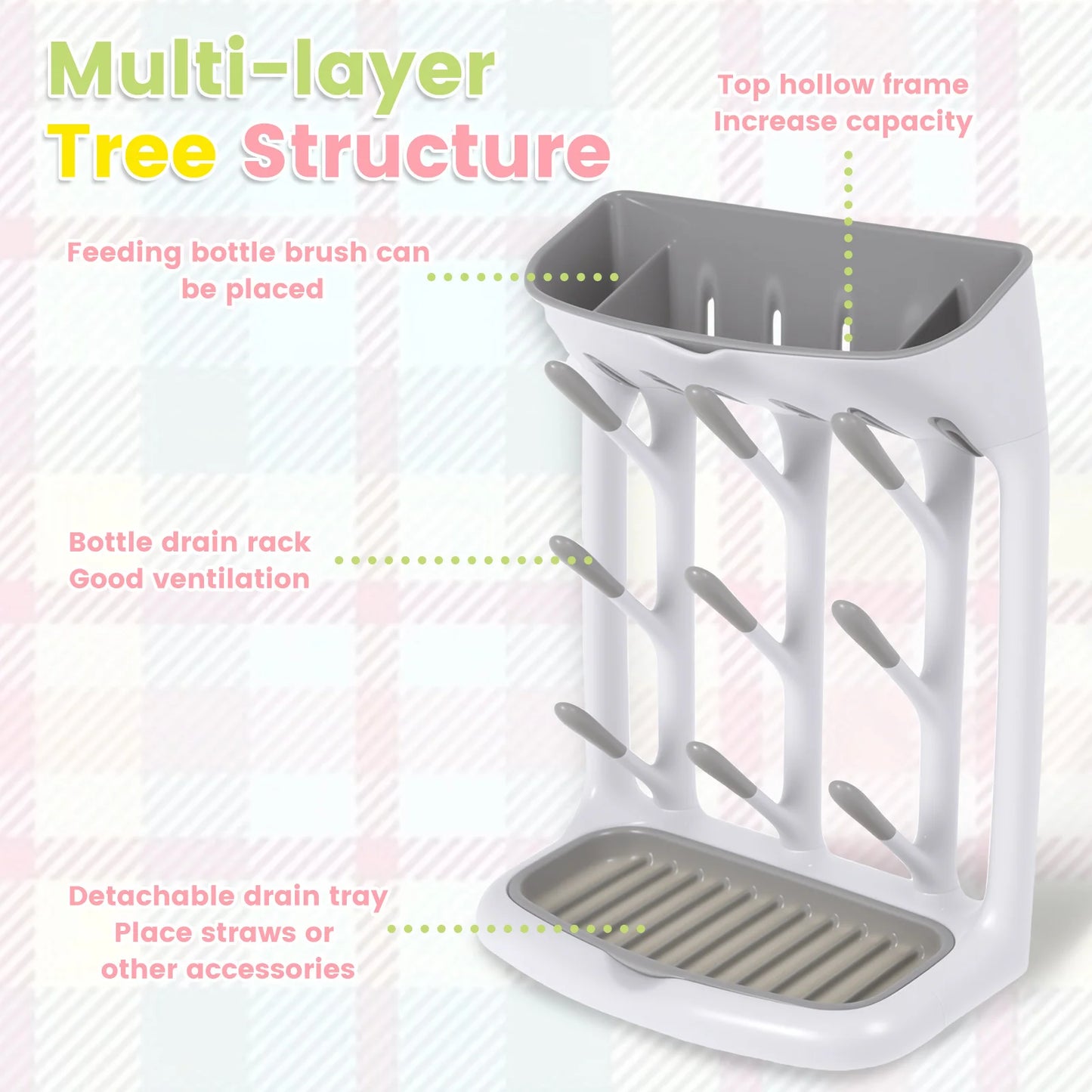 Baby Bottle Drying Rack For Countertop With Detachable Tray