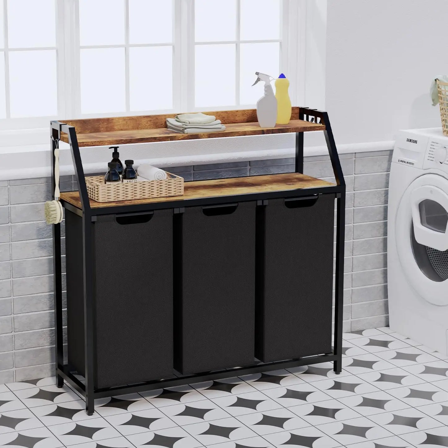 Three Section Rolling Laundry Hamper With Removable Bags