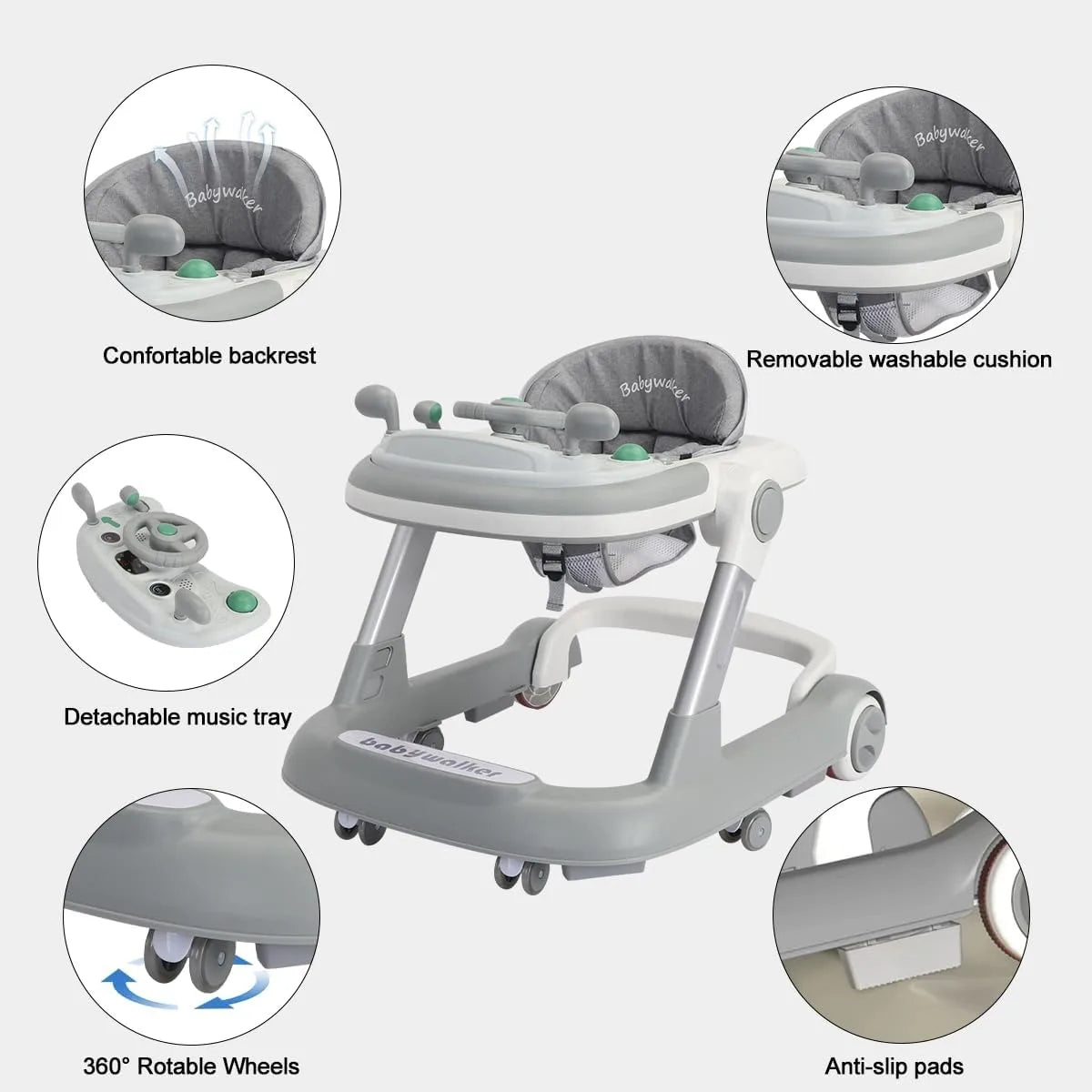 2 in 1 Baby Walker Toddler Push Walker with Removable Feeding Tray and Music Tray Foldable Design