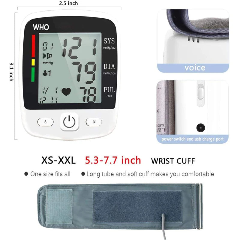 Digital Blood Pressure Monitor Wrist Tensiometer Electronic Sphygmomanometer Tonometer with LCD Display and 90 Memory Rechargeable Battery