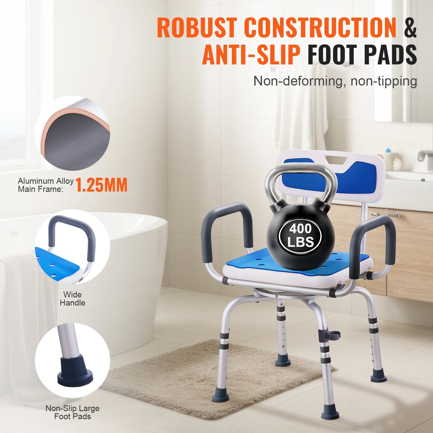 SucceBuy Swivel Shower Chair 360 Degree Adjustable Armrest Backrest Non Slip
