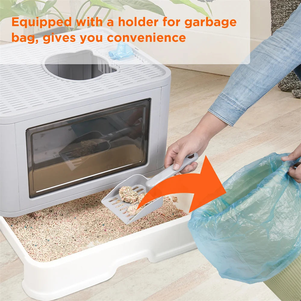 Large Hooded Cat Litter Box Tray Drawer Type Pet Kitty Toilet Top Entry Anti Splashing Enclosed Potty with Hair Grooming Scoop