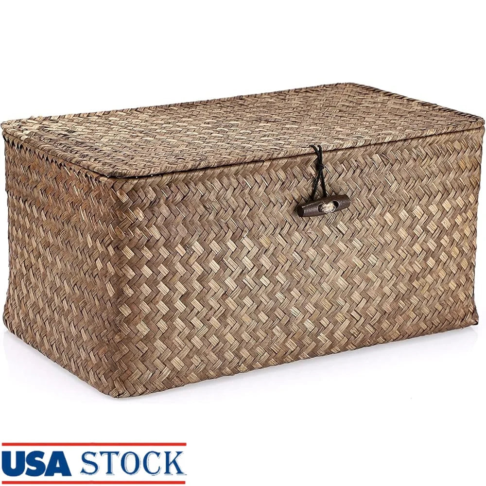 Handwoven Seagrass Storage Basket With Lid Home Office