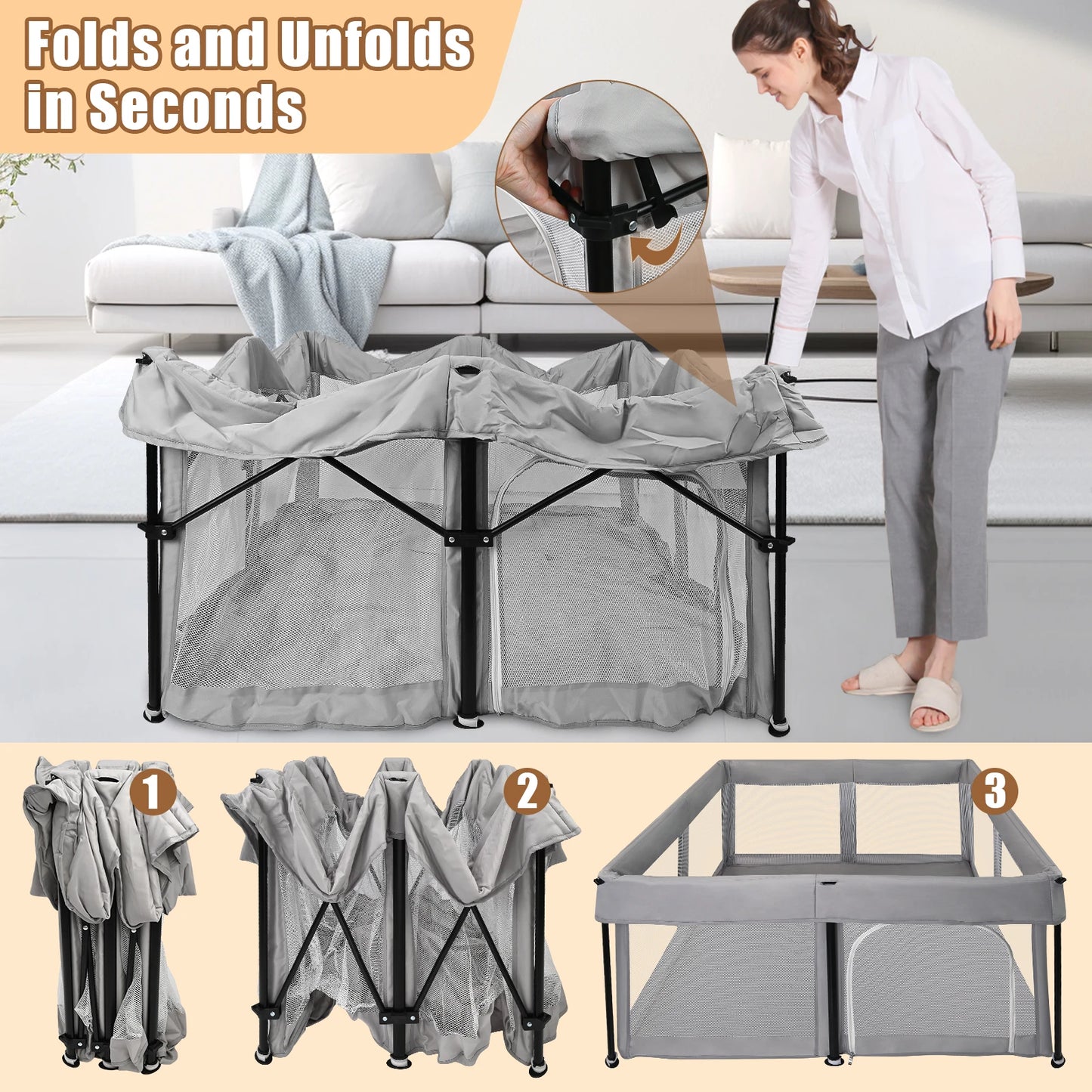 Foldable Baby Playpen with Mat 50 x 50 Inch Portable Sturdy Safe Baby Fence with Visible Breathable Mesh Zipper Door Storage