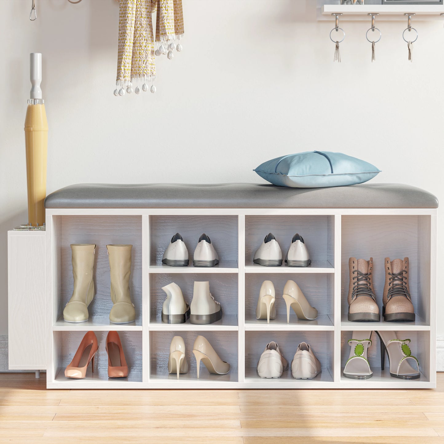 Ironck 10 Cubby Shoe Bench With PU Leather Storage Entryway