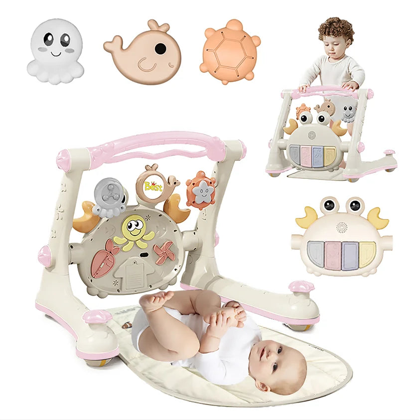 New Baby Toddler Multi Function Four in One Baby Car Fitness Rack Piano Baby Walking Car Table Trolley Toy for 0 to 18 Months