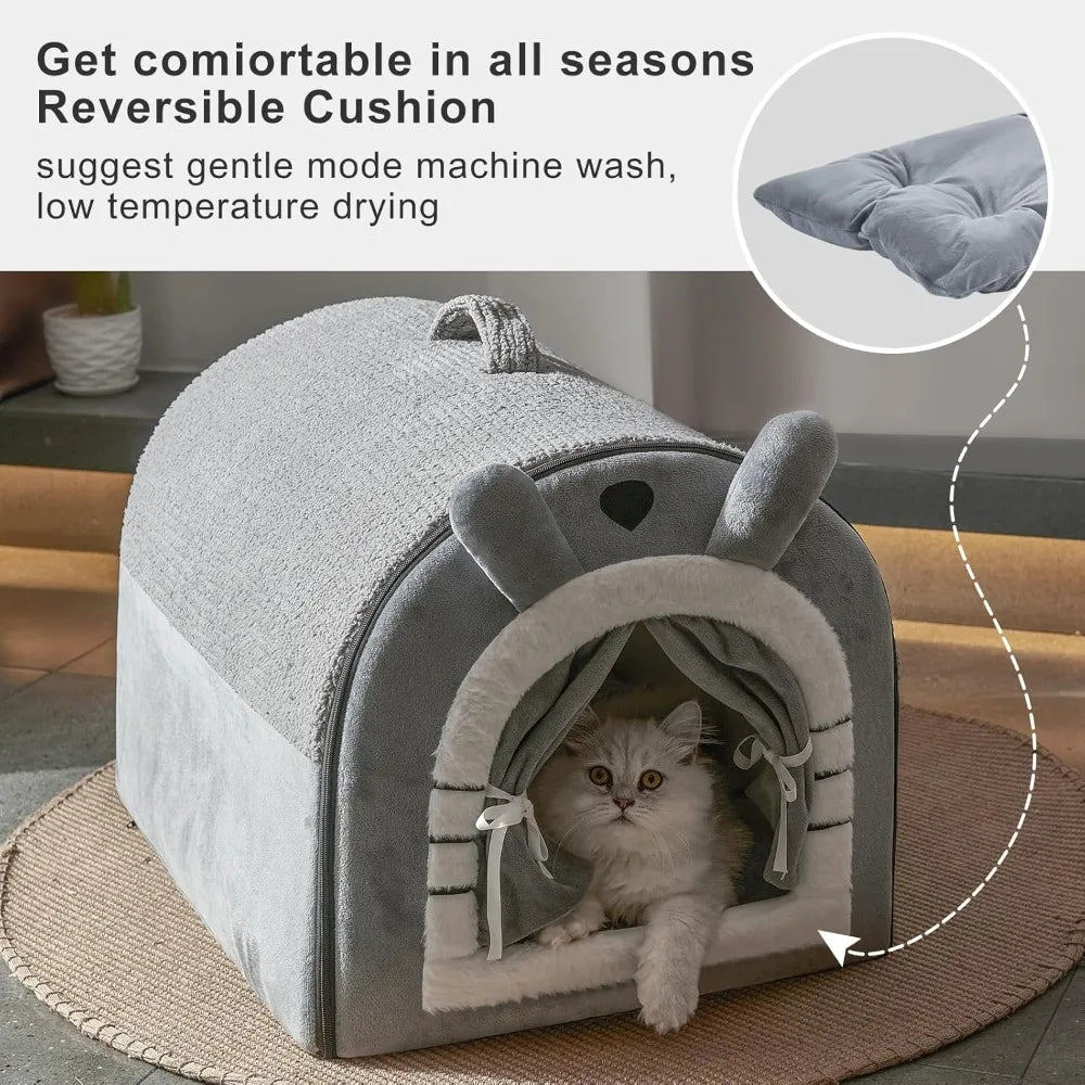 Portable Indoor Dog Cave Bed With Washable Cushion, M Size