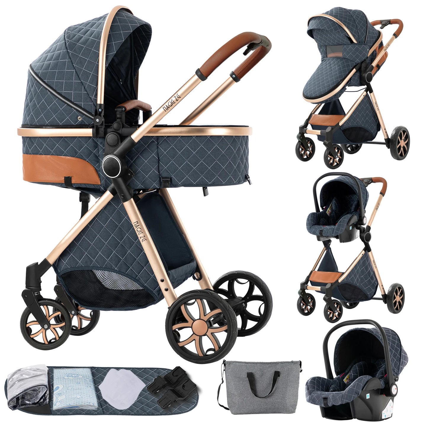Baby Stroller 3 in 1 Travel System Pushchair Lightweight Pram All Terrain Baby Buggy Compact Fold Stroller