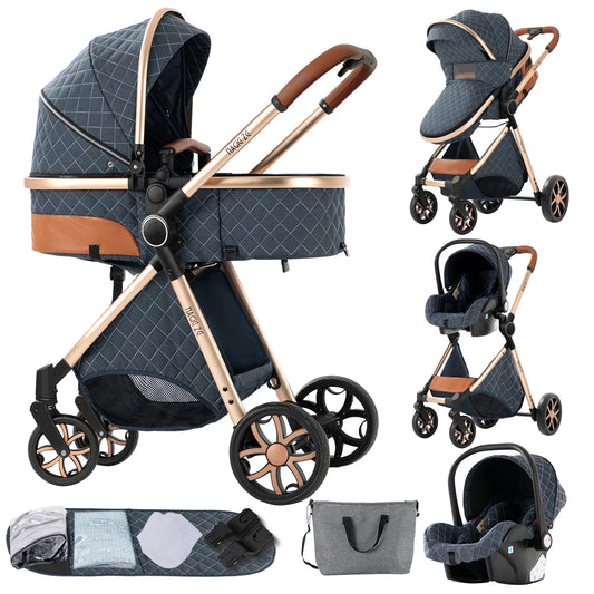 Baby Stroller 3 in 1 Travel System Pushchair Lightweight Pram All Terrain Baby Buggy Compact Fold Stroller
