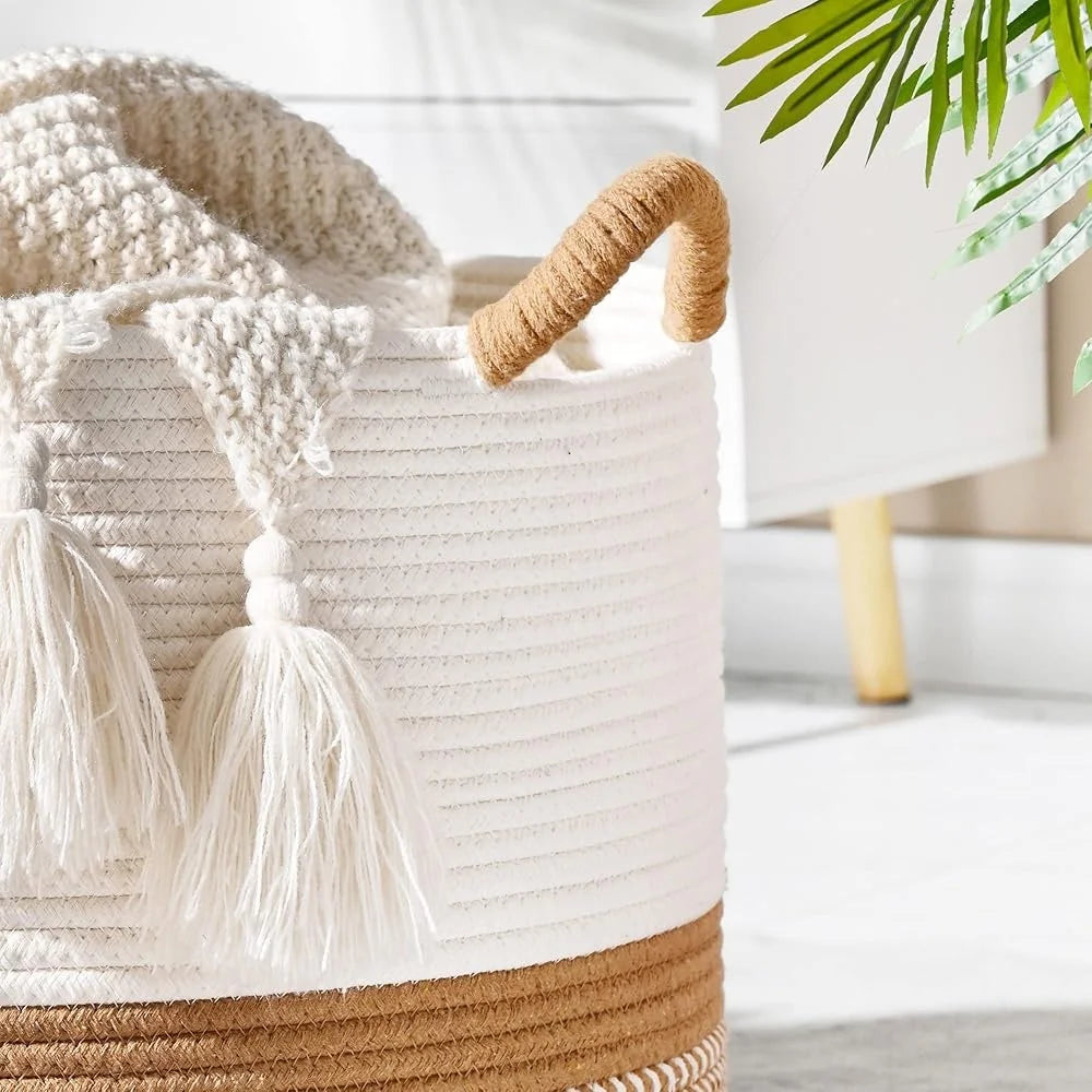 Large Woven Cotton Rope Basket Durable Storage Organizer for Baby Toys Laundry Blankets Nursery Living Room Hamper with Soft Handle