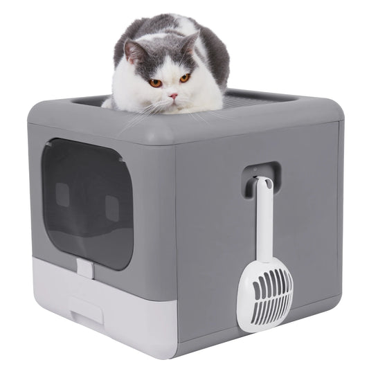 Cat Litter Box With Scoop And Tray Sifting Enclosed Foldable Kitten Toilet Detachable Poop Top Front Entry Pet Supplies
