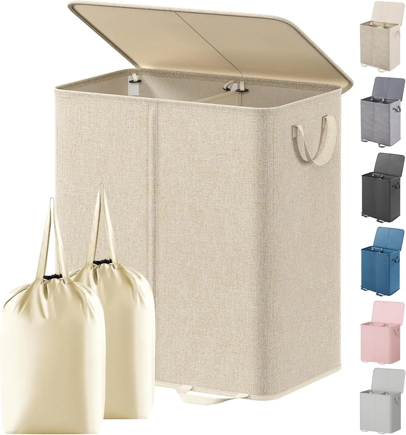 Large Collapsible Double Laundry Hamper with Lid and Handle