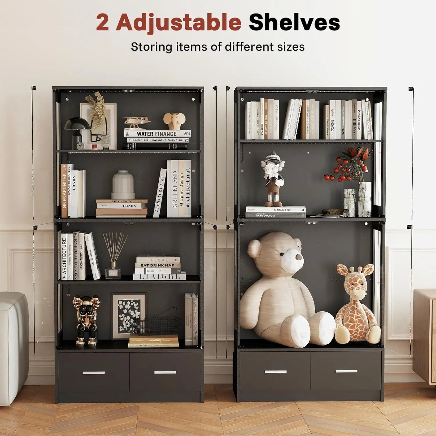 XMSJ Glass Display Cabinet With Doors Curio Cabinet With Dynamic LED Lights For Collectibles 4 Tier Drawers