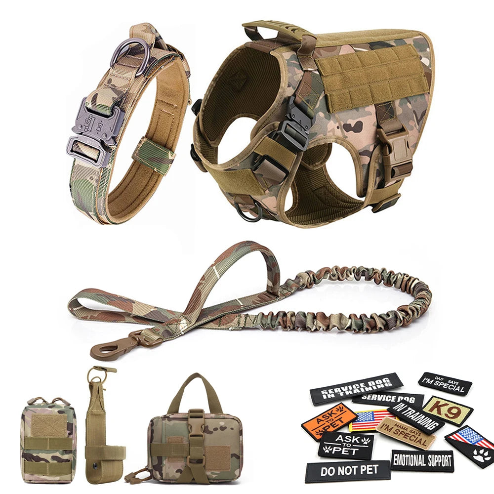 Military Large Dog Harness Set with Collar Leash Bags and Patches for Malinois Training Tactical Vest Accessories