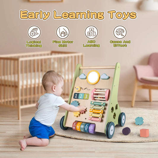 Wooden Baby Walker with Wheels Montessori Walker for Boys 6 to 12 Months Push Toy Baby Walking Toys for One Year Old Activity Center