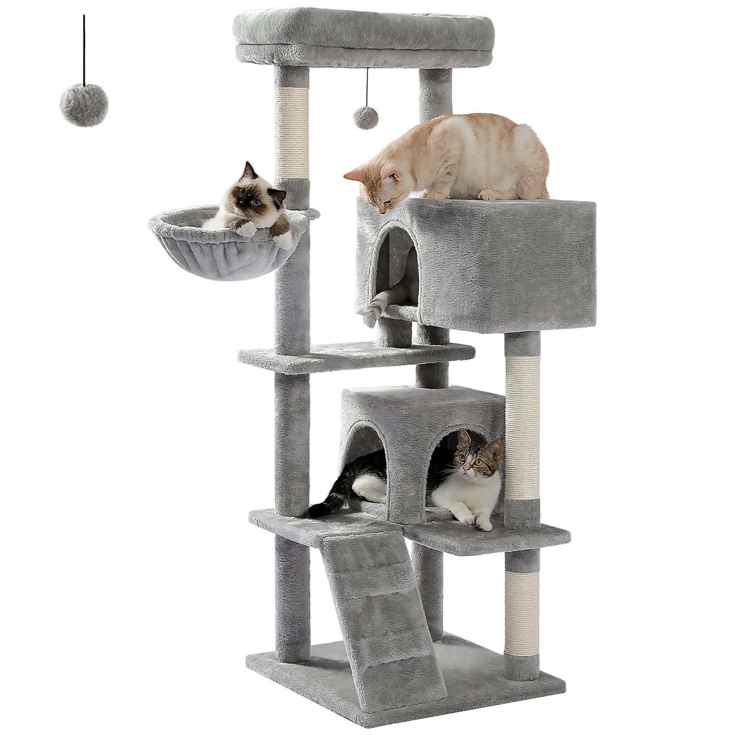 56.3 Inch Cat Tree for Large Cats with Super Large Top Perch Plush Hammock Dangling Pompom and Cat Scratching Post