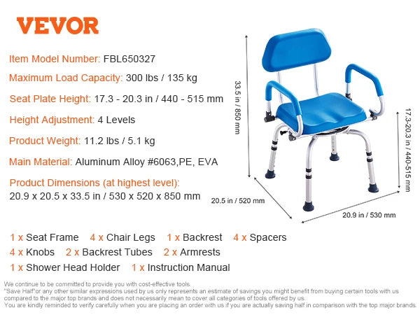 SucceBuy Swivel Shower Chair 360 Degree Adjustable Armrest Backrest Non Slip
