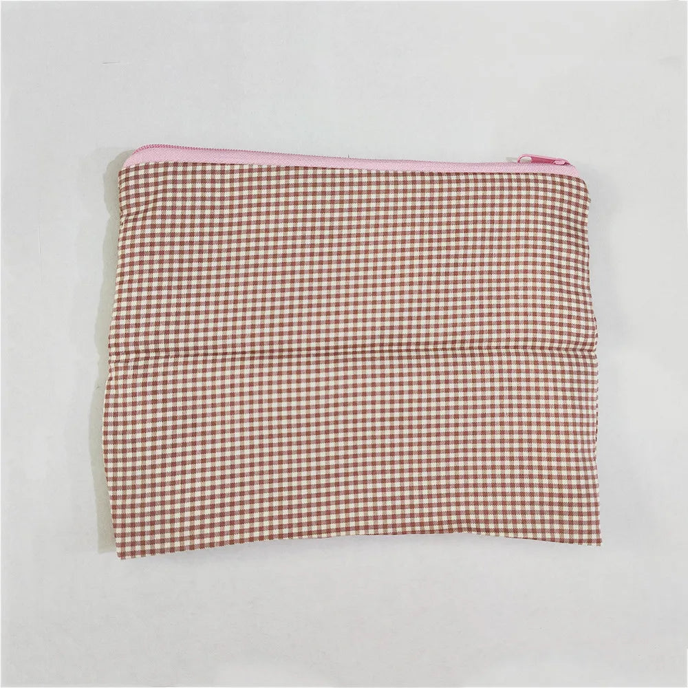 Plaid Makeup Bag Women Cotton Linen Cosmetic Zipper Pouch