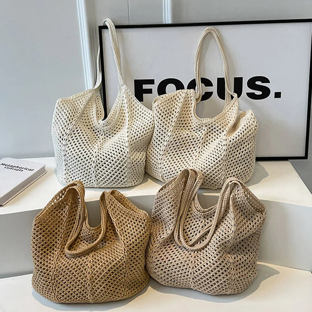 Women Knitting Shoulder Bag Solid Color Crochet Hobo Bag