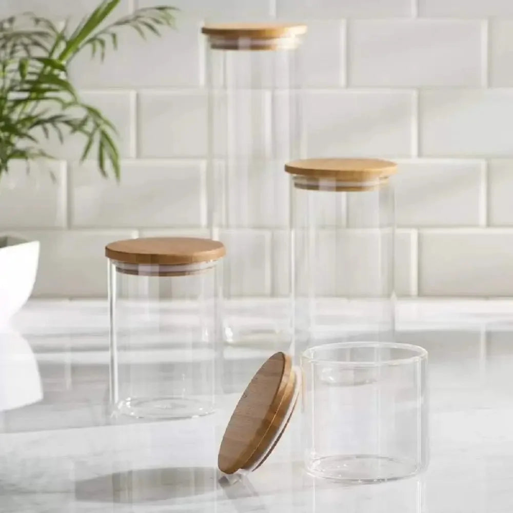 Set Of 5 Glass Kitchen Canisters With Airtight Bamboo Lids