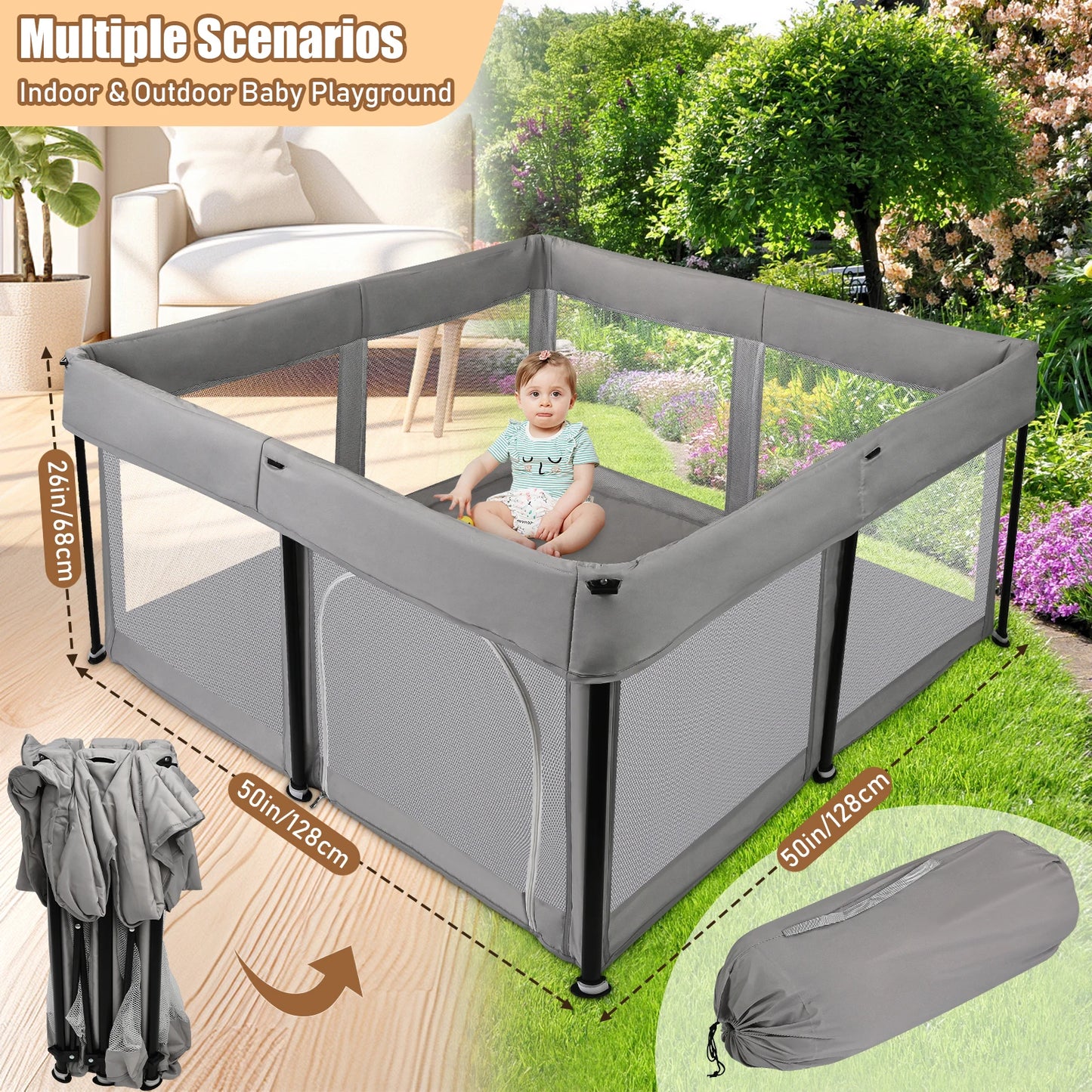 Foldable Baby Playpen with Mat 50 x 50 Inch Portable Sturdy Safe Baby Fence with Visible Breathable Mesh Zipper Door Storage