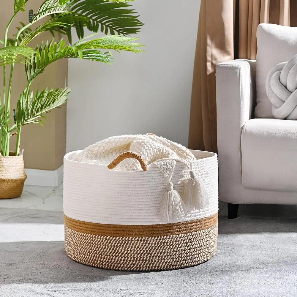 Large Woven Cotton Rope Basket Durable Storage Organizer for Baby Toys Laundry Blankets Nursery Living Room Hamper with Soft Handle