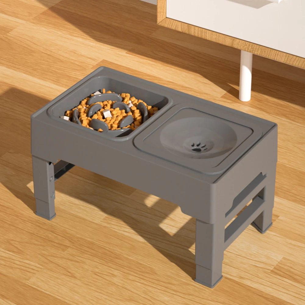 Elevated Dog Food Slow Feeder Adjustable Height Raised Dog Bowl Stand with Stainless Steel Bowls Anti Slip Water Bowl
