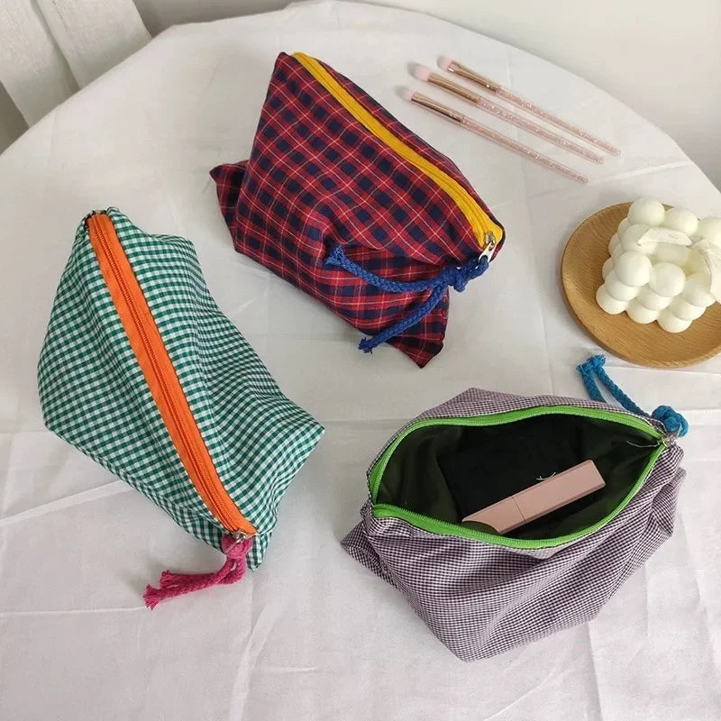 Plaid Makeup Bag Women Cotton Linen Cosmetic Zipper Pouch