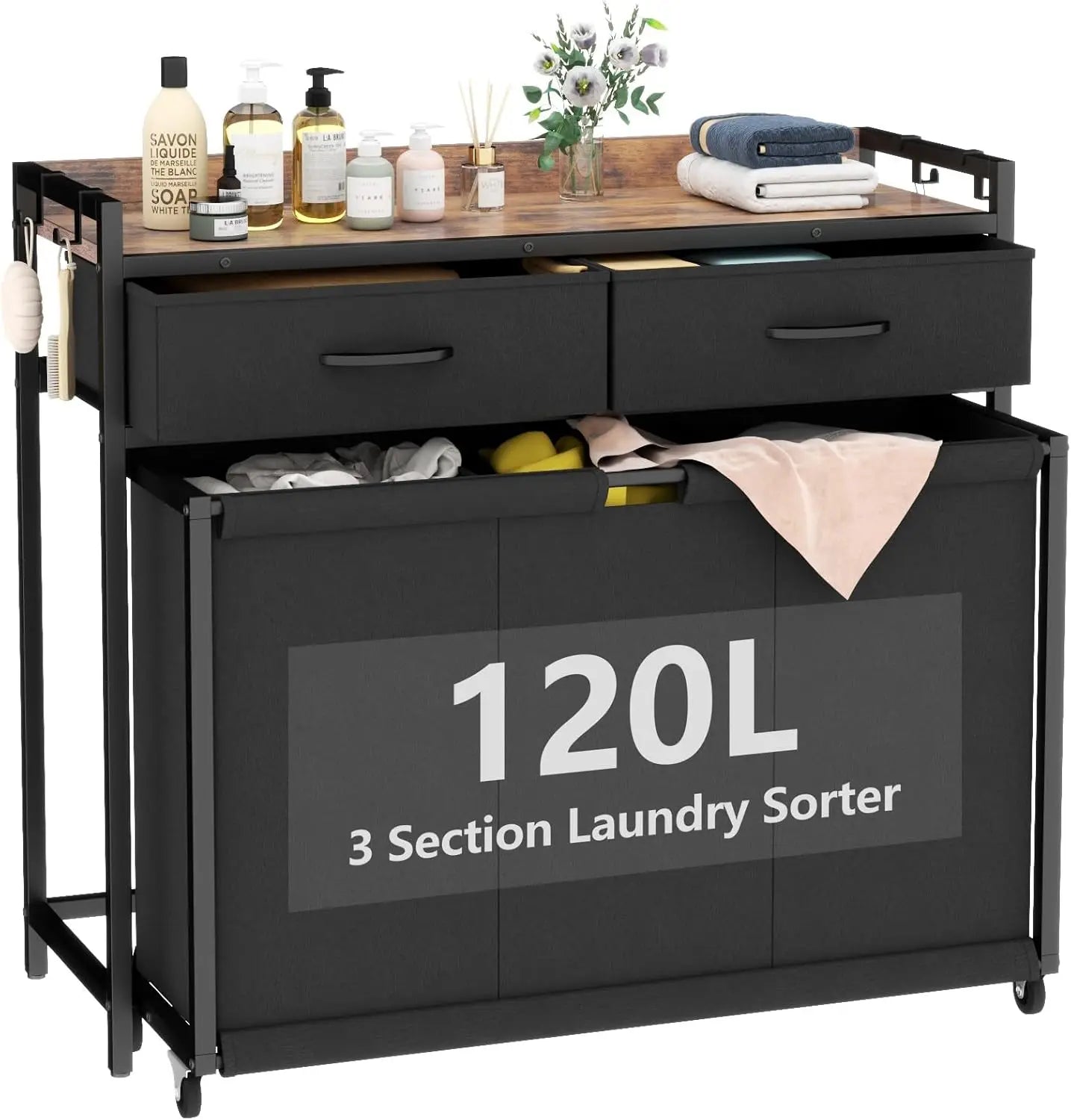 Hamper Laundry Basket With 3 Section Pullout Rolling Bags