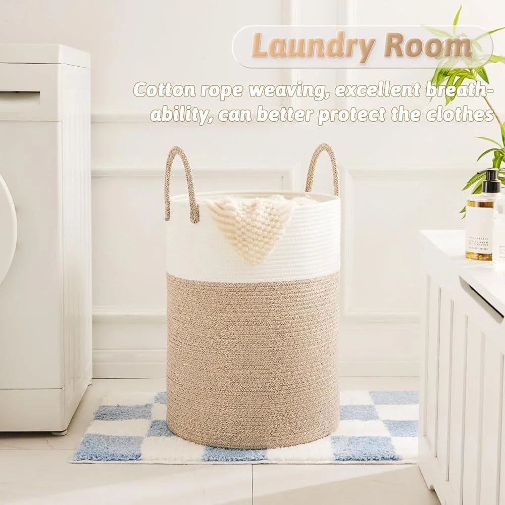 Woven Cotton Rope Laundry Basket Storage Hamper for Dirty Clothes Toys and Blankets Easy to Clean Collapsible Design for Bathroom and Baby Room