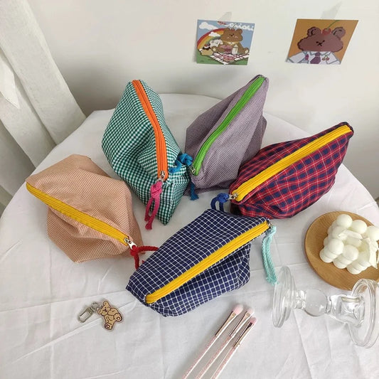 Plaid Makeup Bag Women Cotton Linen Cosmetic Zipper Pouch