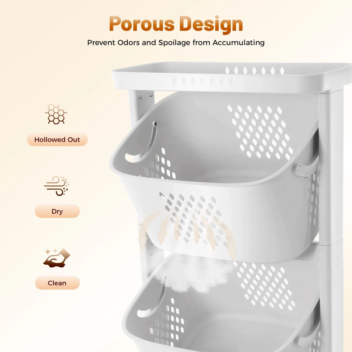 3 Tier Laundry Basket 360 Degree Rolling Wheels 25Kg Load